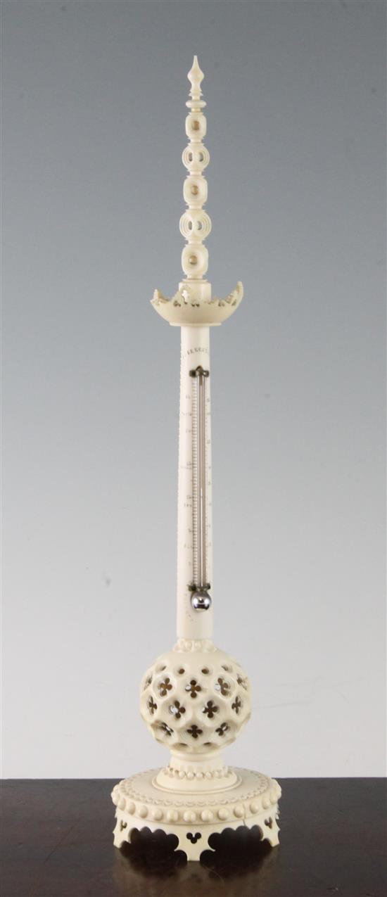 Late 19thC French carved & pierced ivory desk thermometer(-)